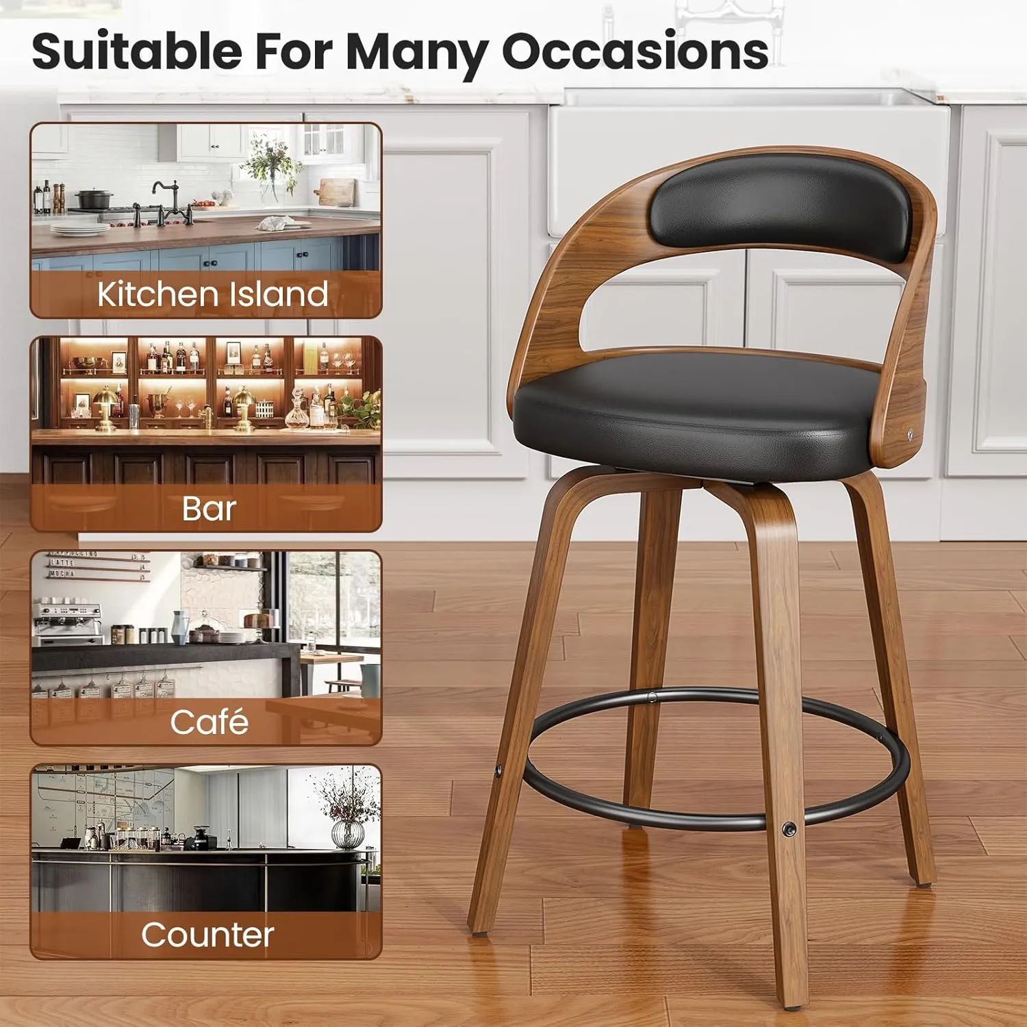 Swivel Bar Stools Set of 2, 26" Counter Height Bentwood Barstool, Mid-Century Modern PU Leather Upholstered Bar Chair with Back and Footrest, for Kitchen Island, Bar, Dining Room, Cafe, Black