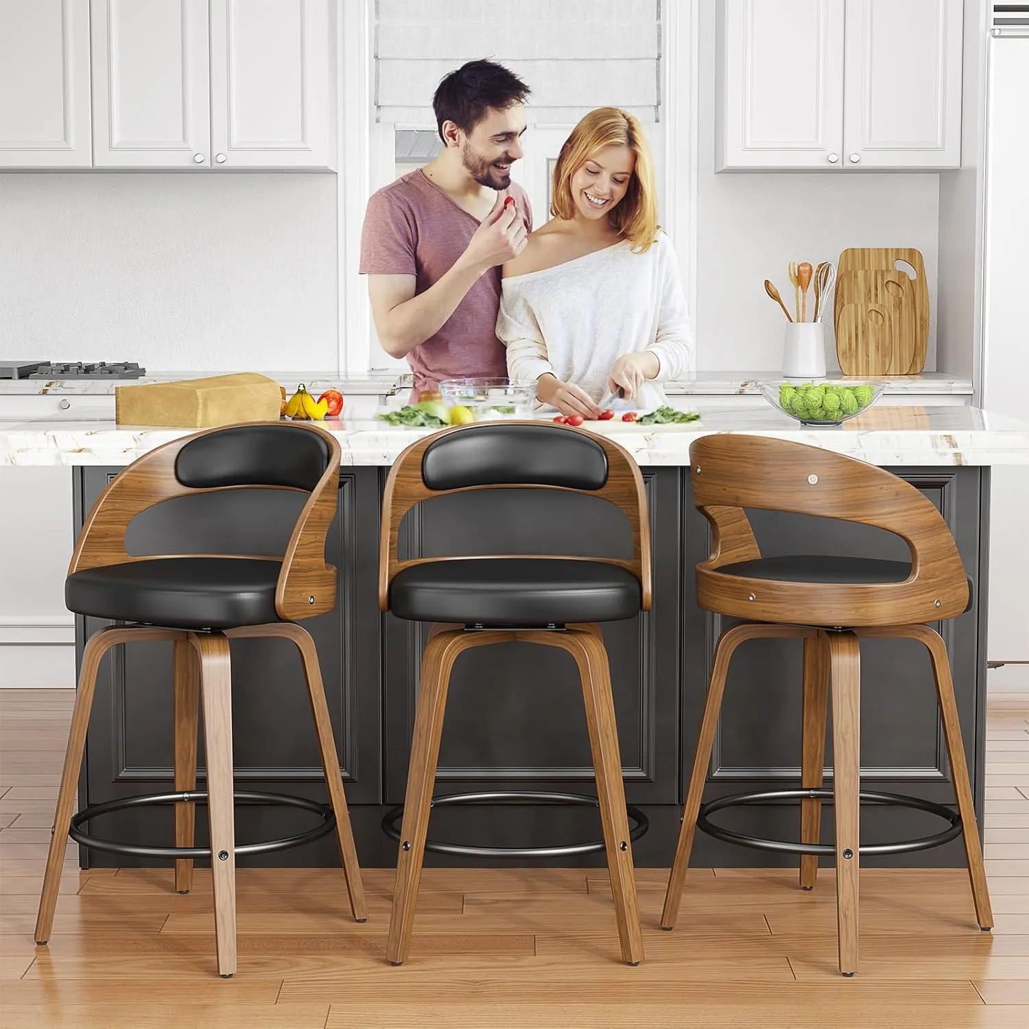 Swivel Bar Stools Set of 2, 26" Counter Height Bentwood Barstool, Mid-Century Modern PU Leather Upholstered Bar Chair with Back and Footrest, for Kitchen Island, Bar, Dining Room, Cafe, Black