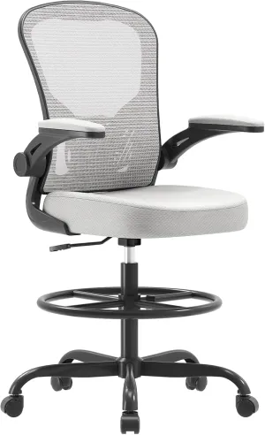 Synorla Ergonomic Drafting Chair, Tall Office Chair with Flip-up Armrests, Breathable Mesh High Desk Chair with Lumbar Support Adjustable Footrest Ring for Standing Desk, Home Office Studio