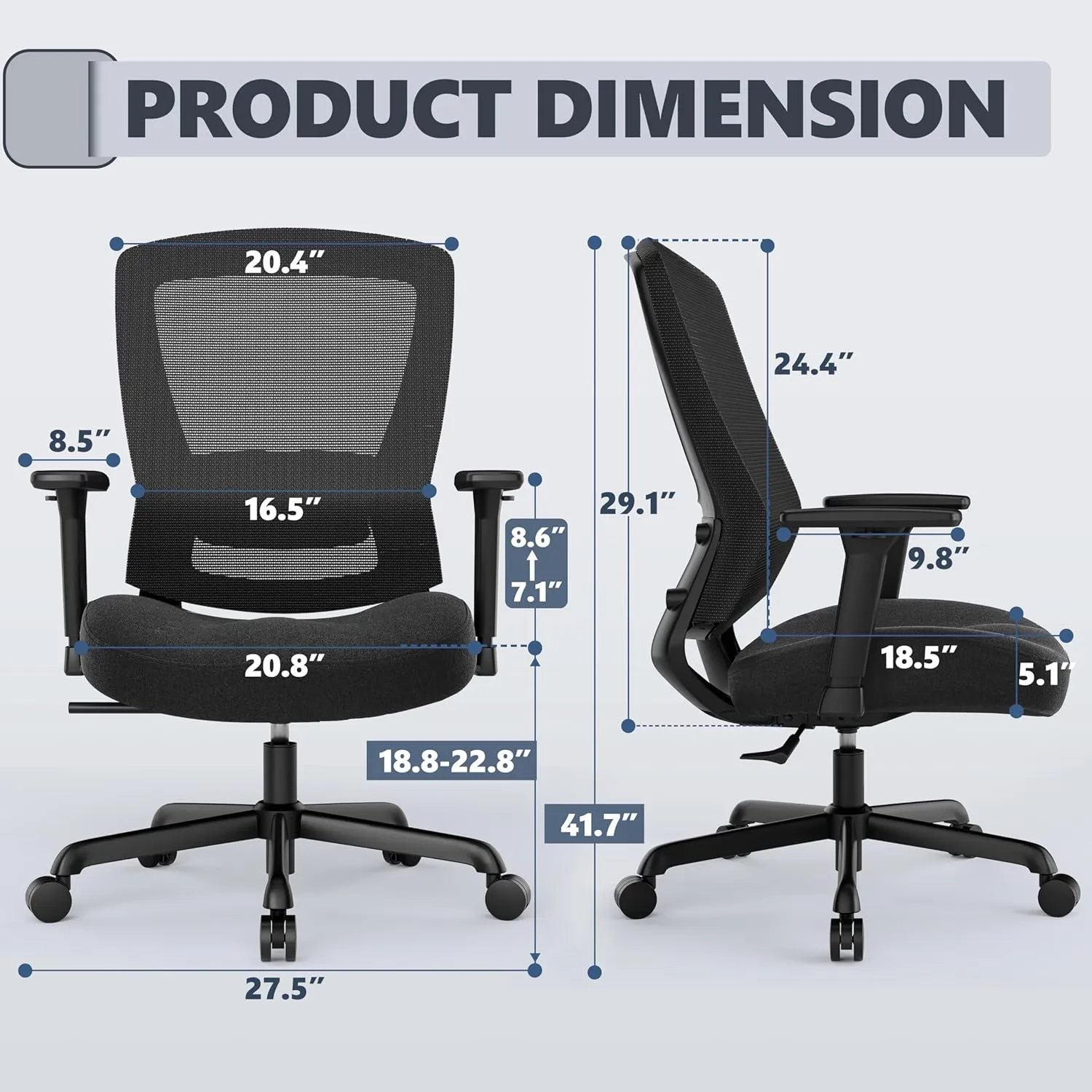 T96C Ergonomic Home Office Chair, Mesh Computer Desk Chair with 4D Armrests, Adjustable Lumbar Support,Tilt Function, Executive Rolling Swivel Task Chair for Long Hours (Black - Upholstered Seat)