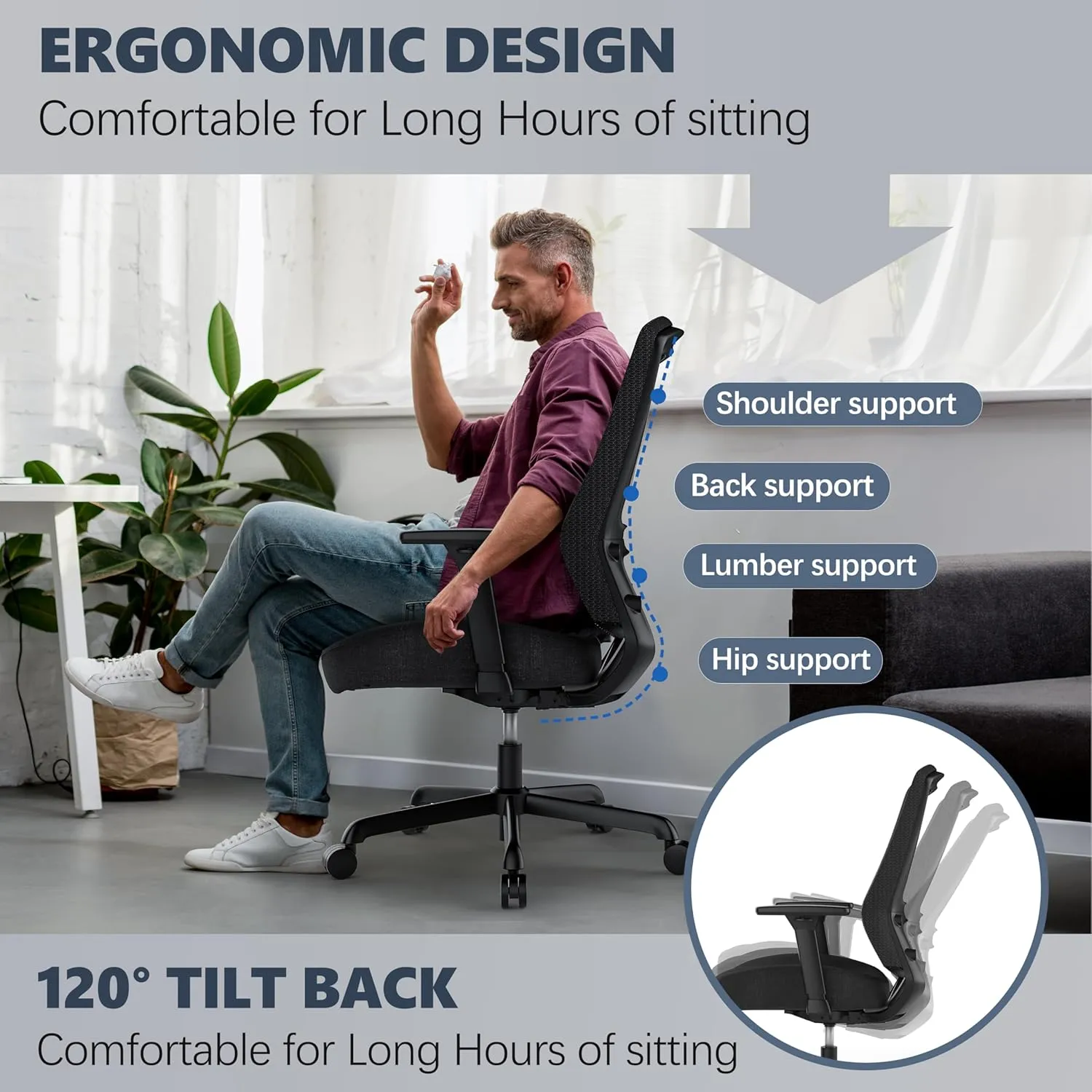 T96C Ergonomic Home Office Chair, Mesh Computer Desk Chair with 4D Armrests, Adjustable Lumbar Support,Tilt Function, Executive Rolling Swivel Task Chair for Long Hours (Black - Upholstered Seat)
