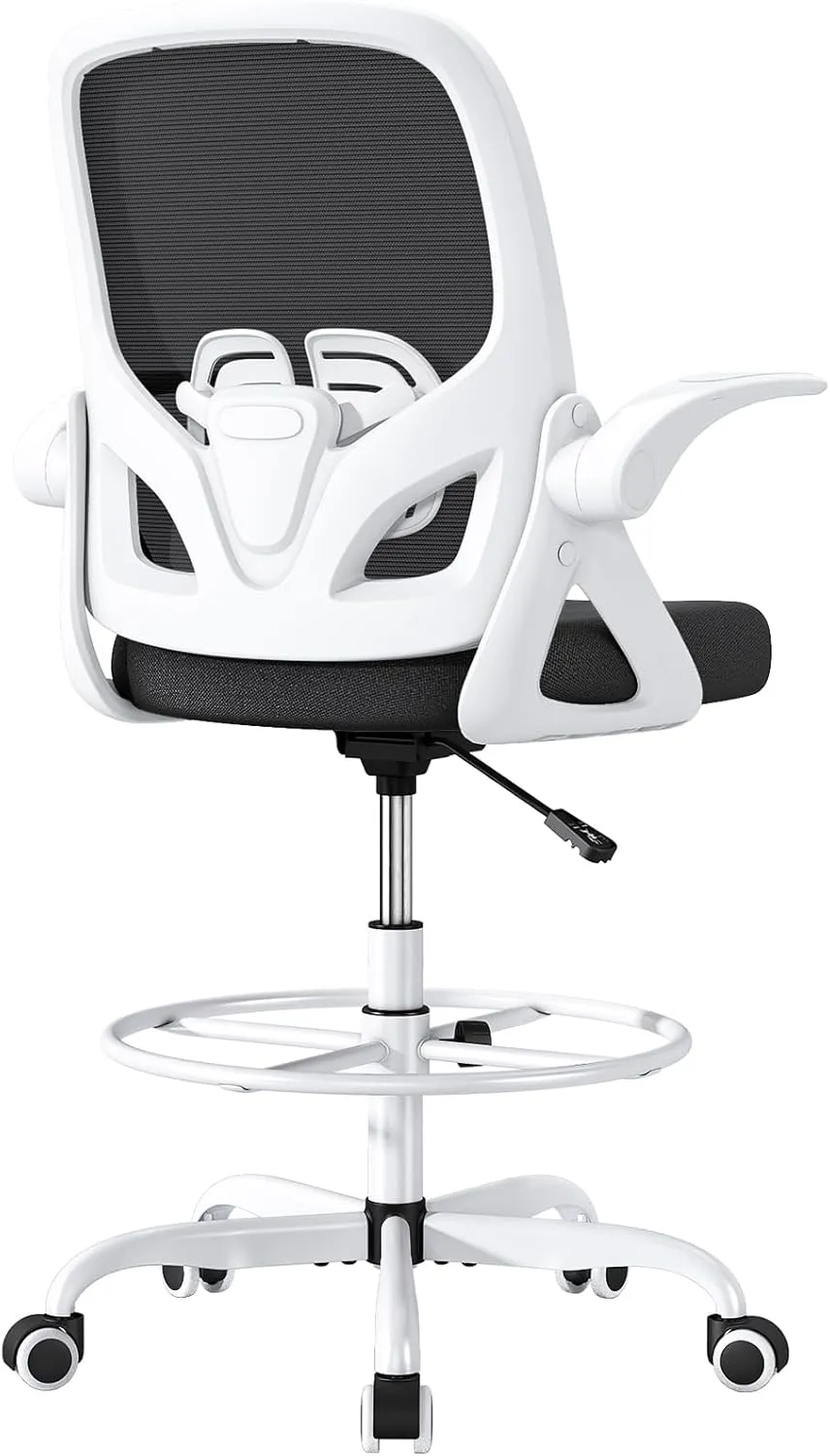 Tall Drafting Chair with Lumbar Support and Footrest Ring, Supportive Tall Extended Height Ergonomic Desk Chair for Home Work, Breathable Mesh Office Chair with Flip up Arms(White)