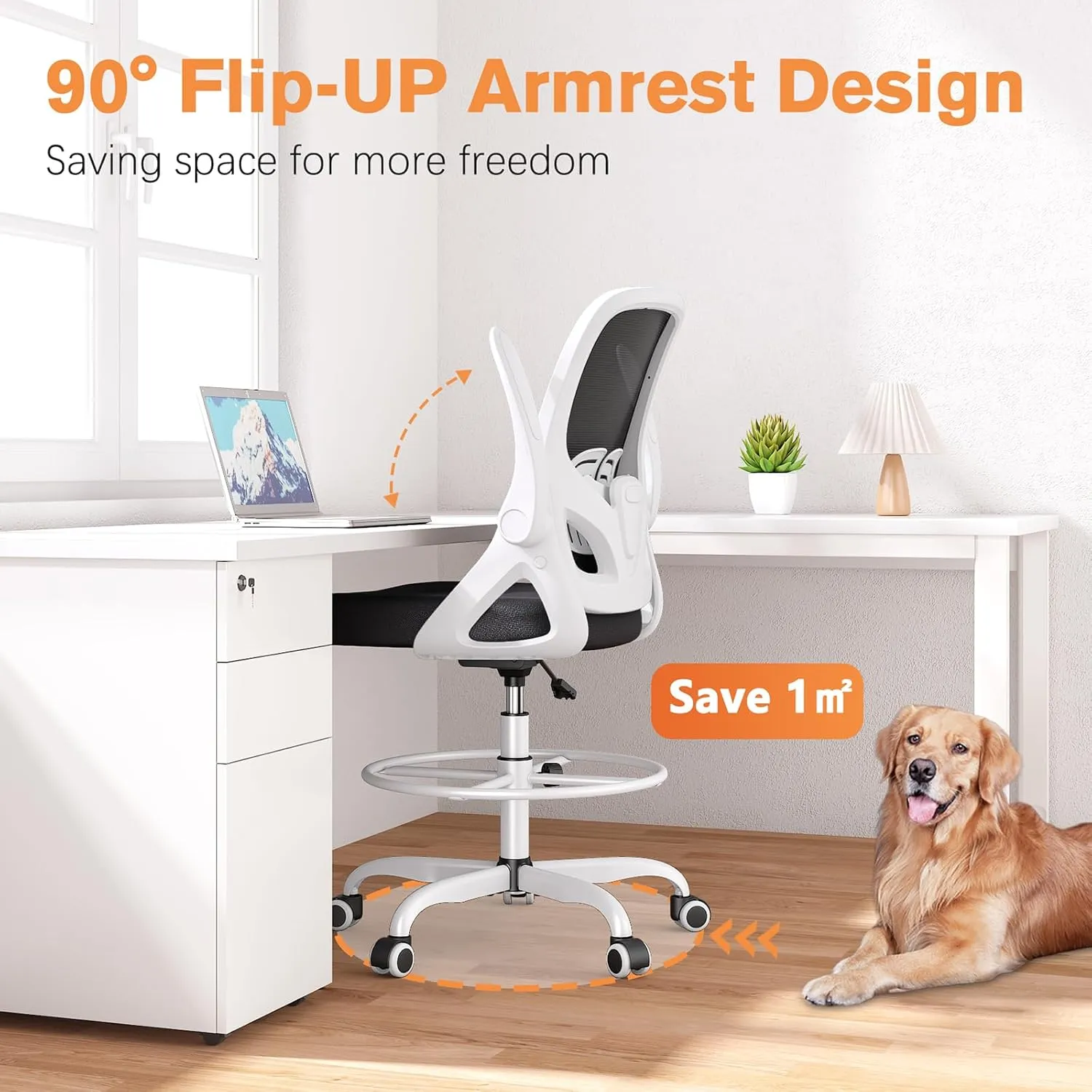 Tall Drafting Chair with Lumbar Support and Footrest Ring, Supportive Tall Extended Height Ergonomic Desk Chair for Home Work, Breathable Mesh Office Chair with Flip up Arms(White)