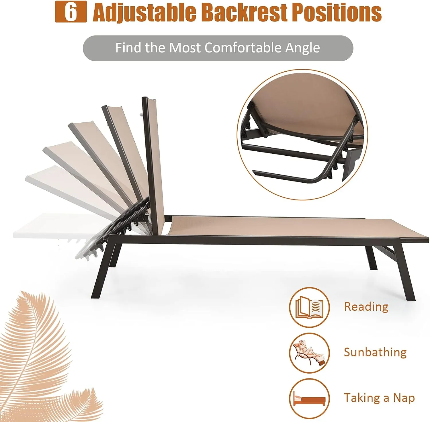 Tangkula 2 Pieces Outdoor Chaise Lounge Chair, 6-Position Adjustable Reclining Chair with Breathable Fabric and Heavy Duty Steel Frame, Patio Lounge Chair for Garden, Backyard and Poolside (2, Brown)