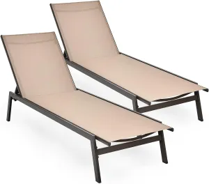 Tangkula 2 Pieces Outdoor Chaise Lounge Chair, 6-Position Adjustable Reclining Chair with Breathable Fabric and Heavy Duty Steel Frame, Patio Lounge Chair for Garden, Backyard and Poolside (2, Brown)