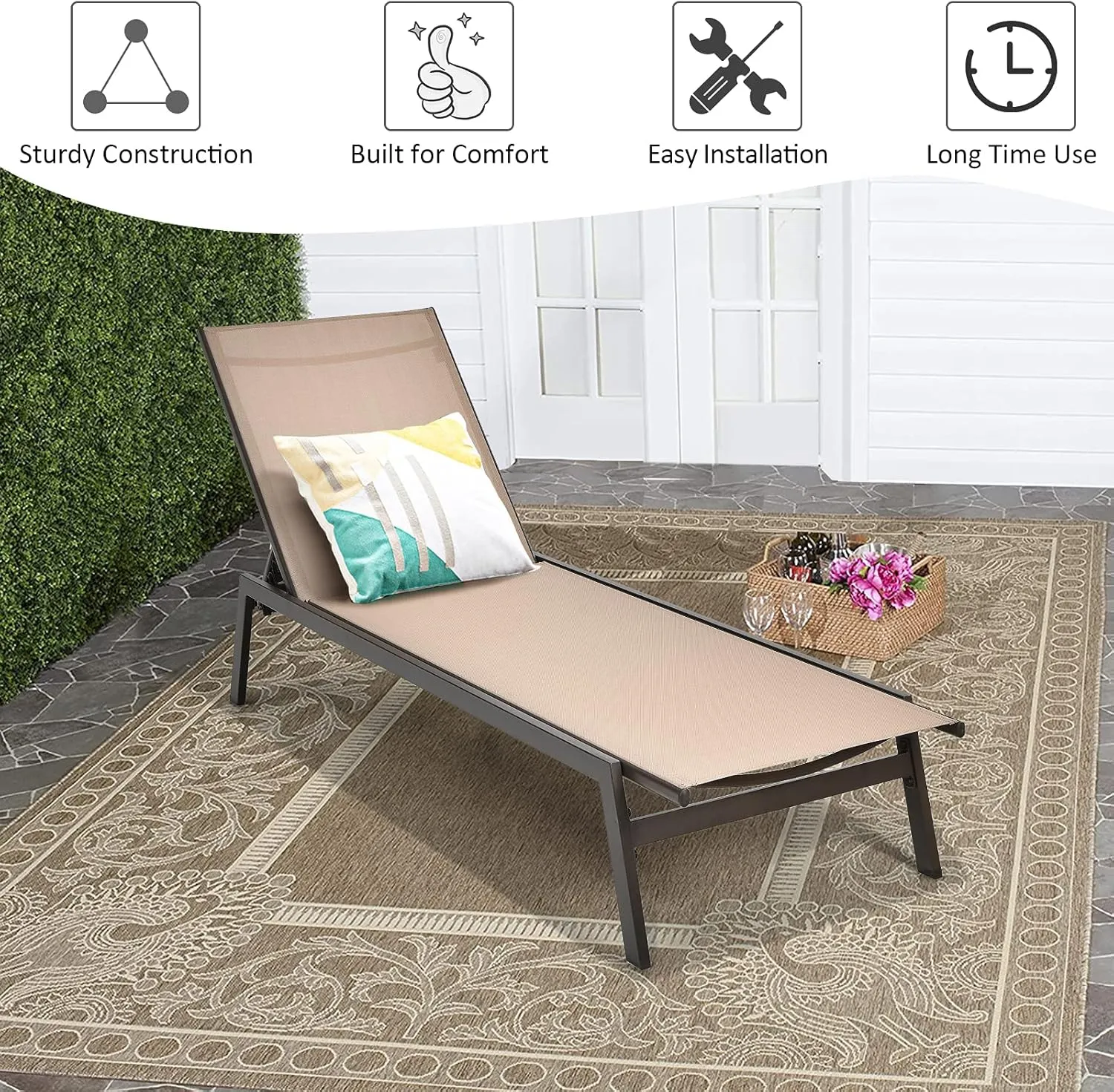 Tangkula 2 Pieces Outdoor Chaise Lounge Chair, 6-Position Adjustable Reclining Chair with Breathable Fabric and Heavy Duty Steel Frame, Patio Lounge Chair for Garden, Backyard and Poolside (2, Brown)