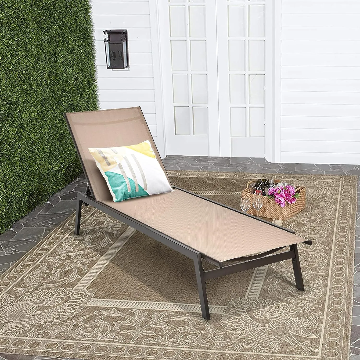 Tangkula 2 Pieces Outdoor Chaise Lounge Chair, 6-Position Adjustable Reclining Chair with Breathable Fabric and Heavy Duty Steel Frame, Patio Lounge Chair for Garden, Backyard and Poolside (2, Brown)