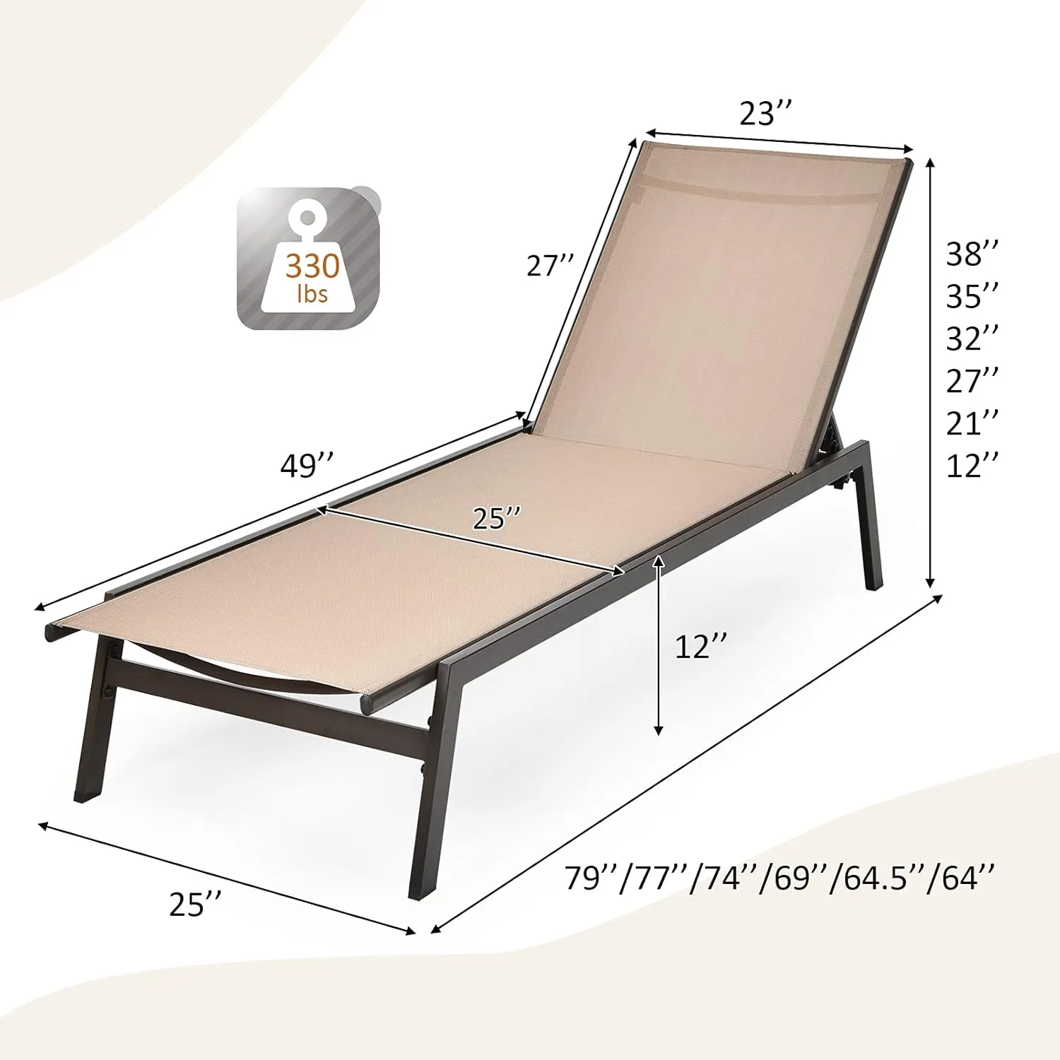 Tangkula 2 Pieces Outdoor Chaise Lounge Chair, 6-Position Adjustable Reclining Chair with Breathable Fabric and Heavy Duty Steel Frame, Patio Lounge Chair for Garden, Backyard and Poolside (2, Brown)