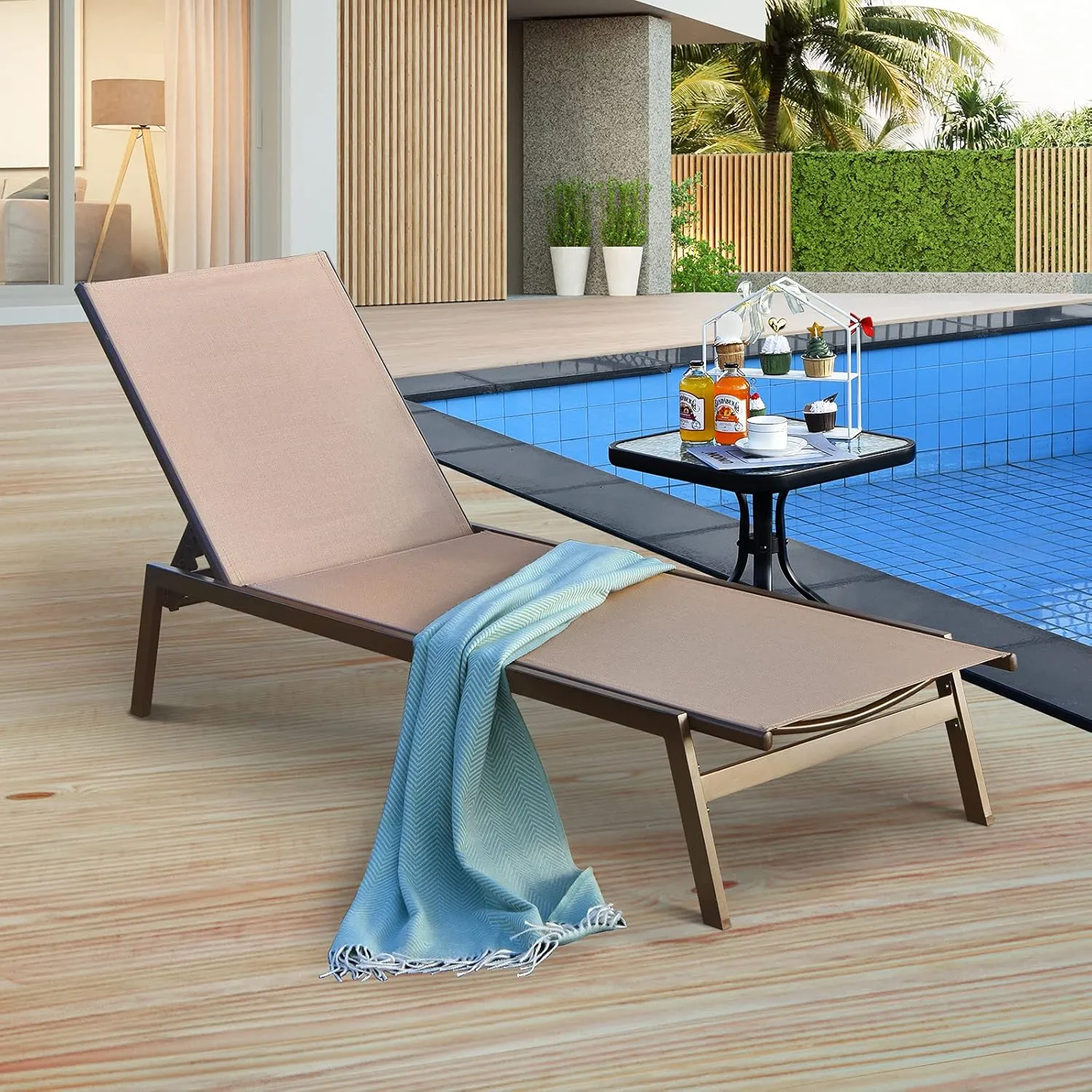 Tangkula 2 Pieces Outdoor Chaise Lounge Chair, 6-Position Adjustable Reclining Chair with Breathable Fabric and Heavy Duty Steel Frame, Patio Lounge Chair for Garden, Backyard and Poolside (2, Brown)