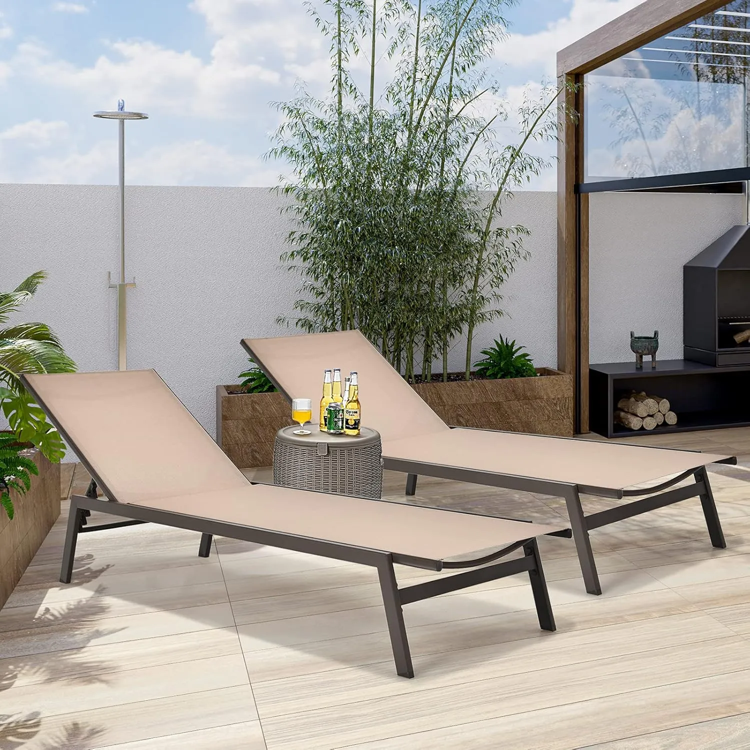 Tangkula 2 Pieces Outdoor Chaise Lounge Chair, 6-Position Adjustable Reclining Chair with Breathable Fabric and Heavy Duty Steel Frame, Patio Lounge Chair for Garden, Backyard and Poolside (2, Brown)