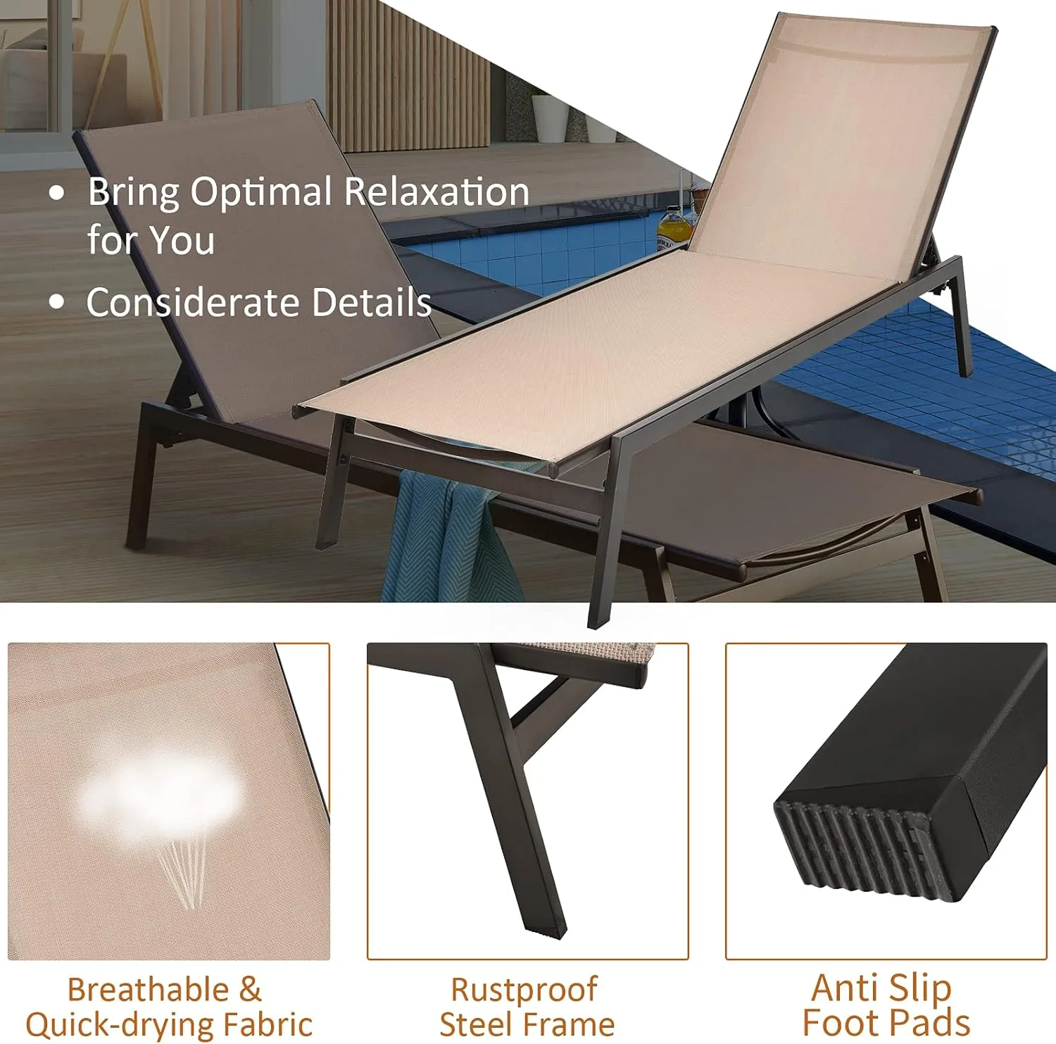 Tangkula 2 Pieces Outdoor Chaise Lounge Chair, 6-Position Adjustable Reclining Chair with Breathable Fabric and Heavy Duty Steel Frame, Patio Lounge Chair for Garden, Backyard and Poolside (2, Brown)