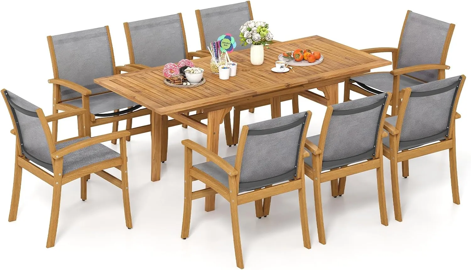 Tangkula 9 Pieces Acacia Wood Patio Dining Set for 6-8, Outdoor Expandable Table and Chairs Set with 1.97" Umbrella Hole and Breathable Fabric for Garden, Lawn, Yard and Poolside