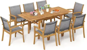 Tangkula 9 Pieces Acacia Wood Patio Dining Set for 6-8, Outdoor Expandable Table and Chairs Set with 1.97" Umbrella Hole and Breathable Fabric for Garden, Lawn, Yard and Poolside
