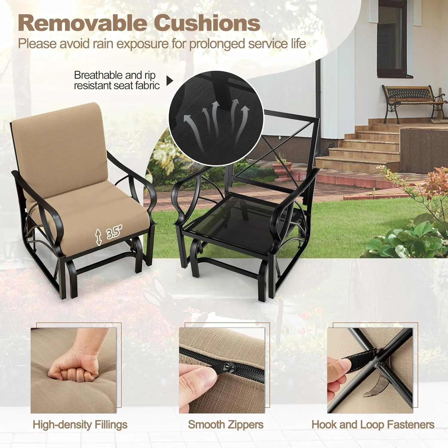 Tangkula Outdoor Patio Glider, Metal Framed Gliding Chair with Cushion, Ergonomic Single-Person Outdoor Patio Chair with Curved Armrest, Smooth Rocking Arms for Porch, Patio (1)