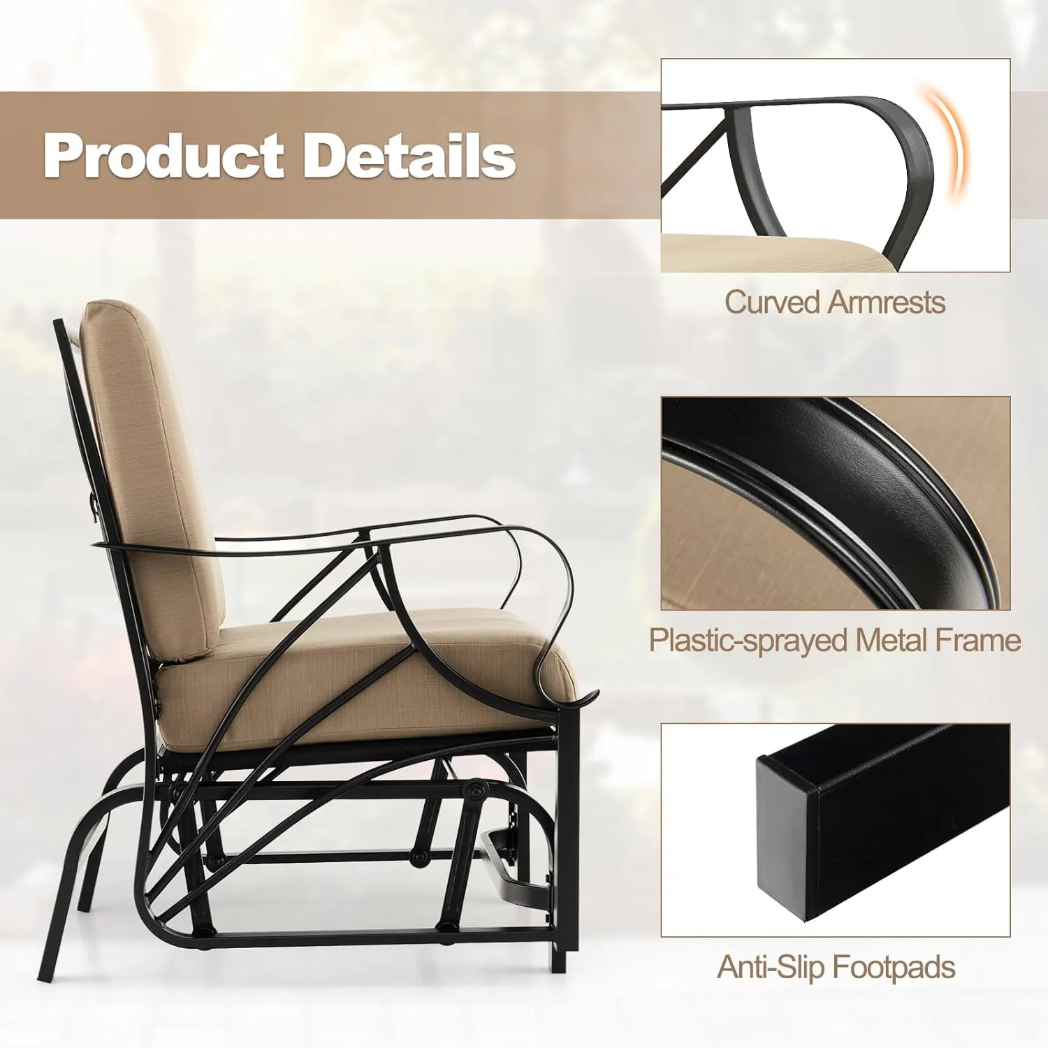 Tangkula Outdoor Patio Glider, Metal Framed Gliding Chair with Cushion, Ergonomic Single-Person Outdoor Patio Chair with Curved Armrest, Smooth Rocking Arms for Porch, Patio (1)