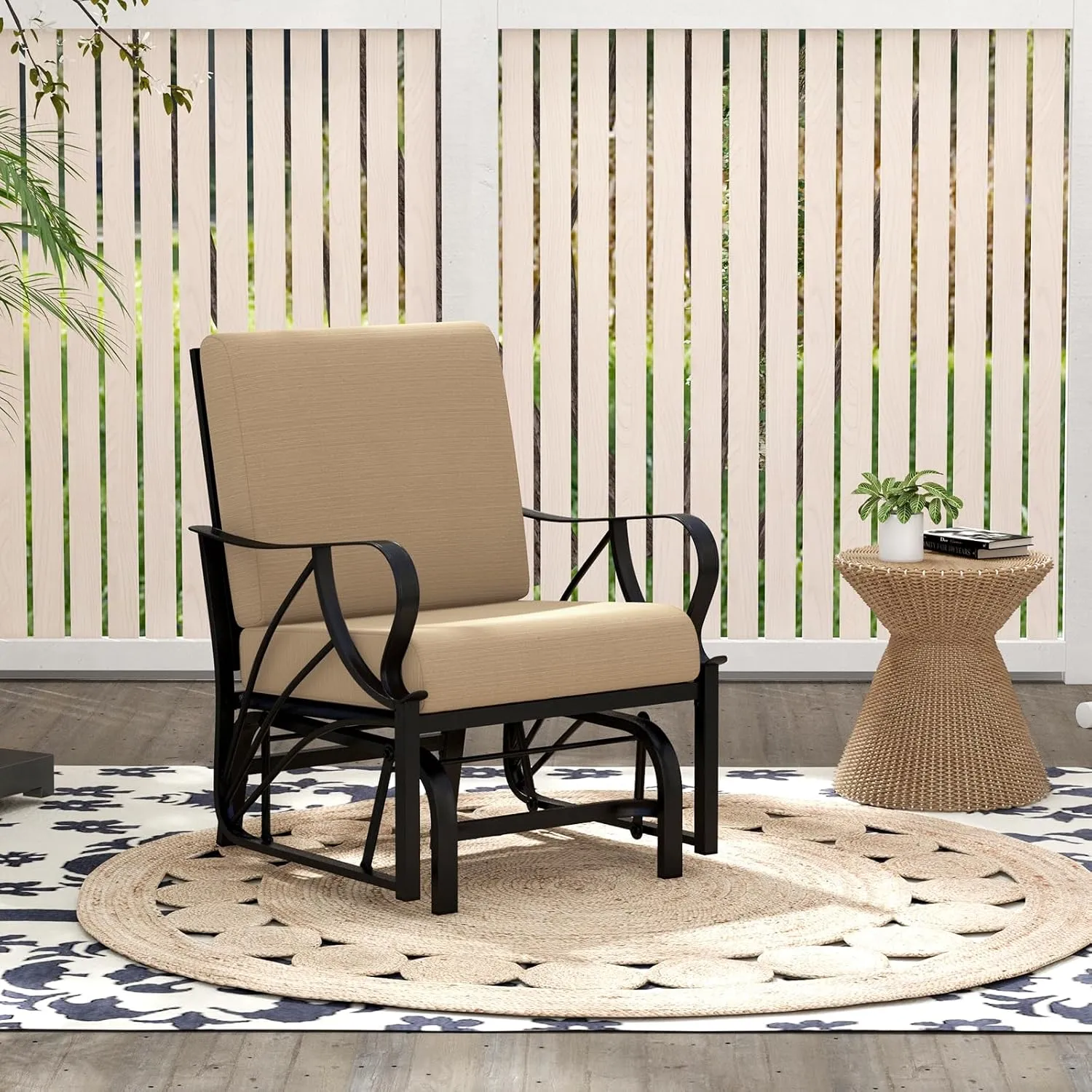 Tangkula Outdoor Patio Glider, Metal Framed Gliding Chair with Cushion, Ergonomic Single-Person Outdoor Patio Chair with Curved Armrest, Smooth Rocking Arms for Porch, Patio (1)