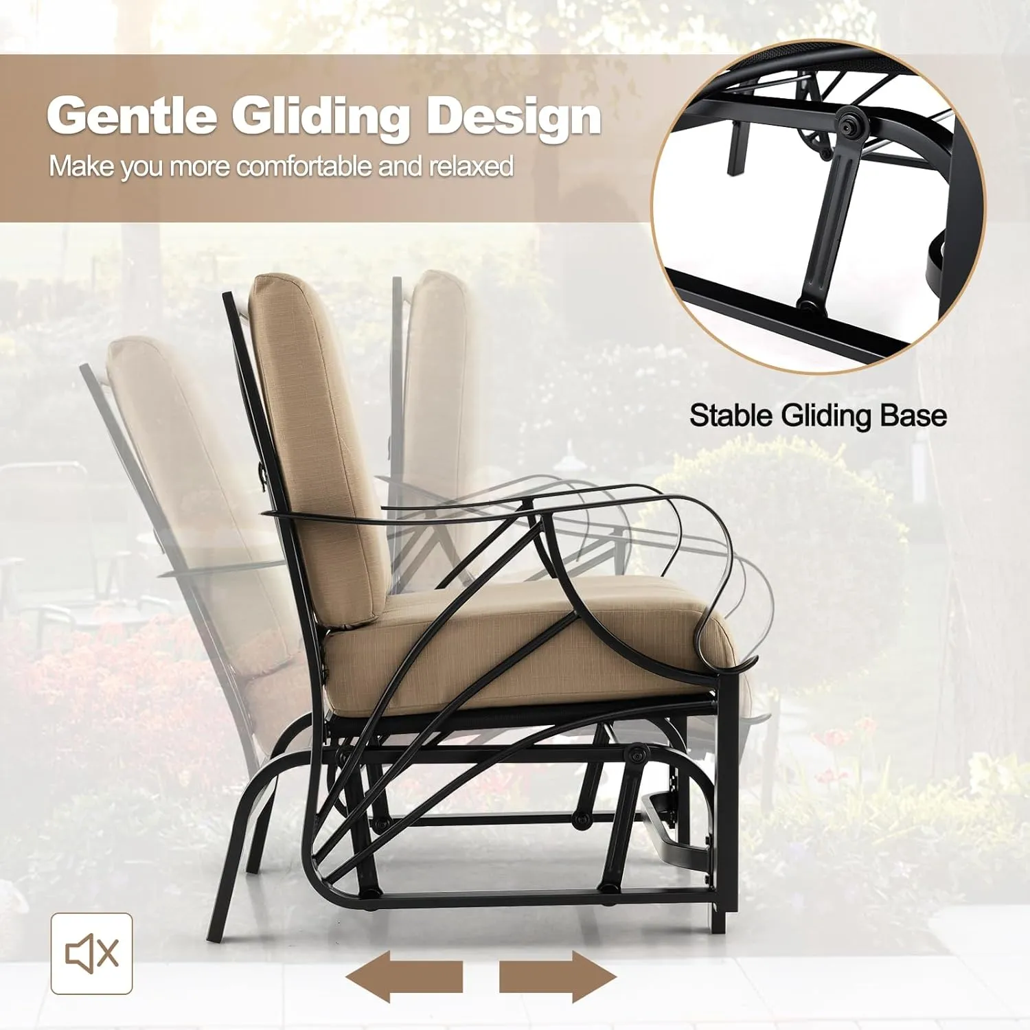 Tangkula Outdoor Patio Glider, Metal Framed Gliding Chair with Cushion, Ergonomic Single-Person Outdoor Patio Chair with Curved Armrest, Smooth Rocking Arms for Porch, Patio (1)