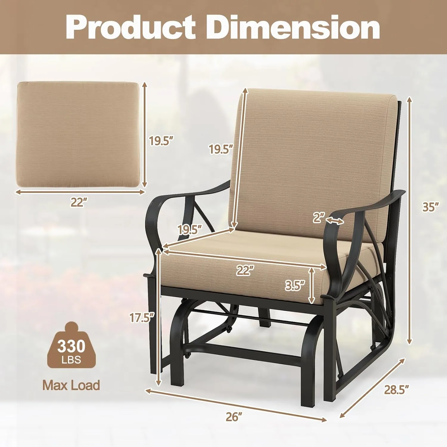 Tangkula Outdoor Patio Glider, Metal Framed Gliding Chair with Cushion, Ergonomic Single-Person Outdoor Patio Chair with Curved Armrest, Smooth Rocking Arms for Porch, Patio (1)