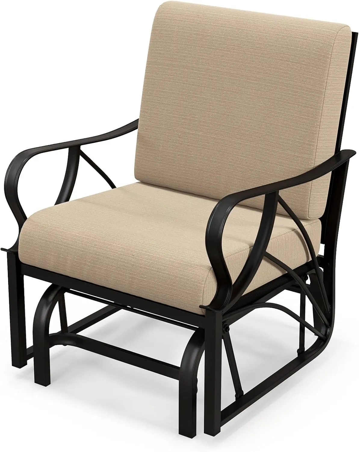 Tangkula Outdoor Patio Glider, Metal Framed Gliding Chair with Cushion, Ergonomic Single-Person Outdoor Patio Chair with Curved Armrest, Smooth Rocking Arms for Porch, Patio (1)