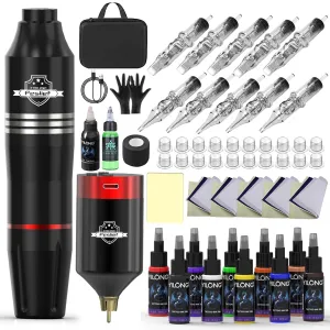 Tattoo Gun Kit Rotary Tattoo Machine Kit Professional Tattoo Pen Kit with Power Supply 10Pcs Cartridge Needles for Beginners and Artists Complete Tattoo Kit Tattoo Supplies - Black