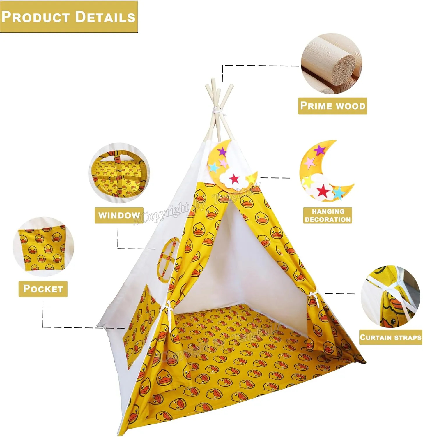 Teepee Tent with Floor Base Canvas Toddler Tent Pocket - Kids Teepee Tent for Girls & Boys, Washable Tipi Tent Kids Play House - Foldable Kids Play Tent (Duck Teepee Style)