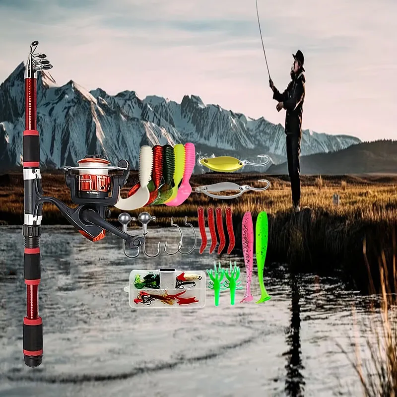 Telescopic Fishing Rod And Spinning Reel Baits Hooks Travel Pole Set