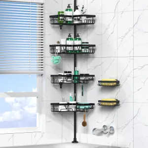 Tension Pole Shower Caddy Corner - 2 Extra Soap Holders, 4 Tier Floor to Ceiling Bathroom Shower Organizer 25-112.4 inch Adjustable, Multiple Hooks, Stable Base, Rustproof, Black