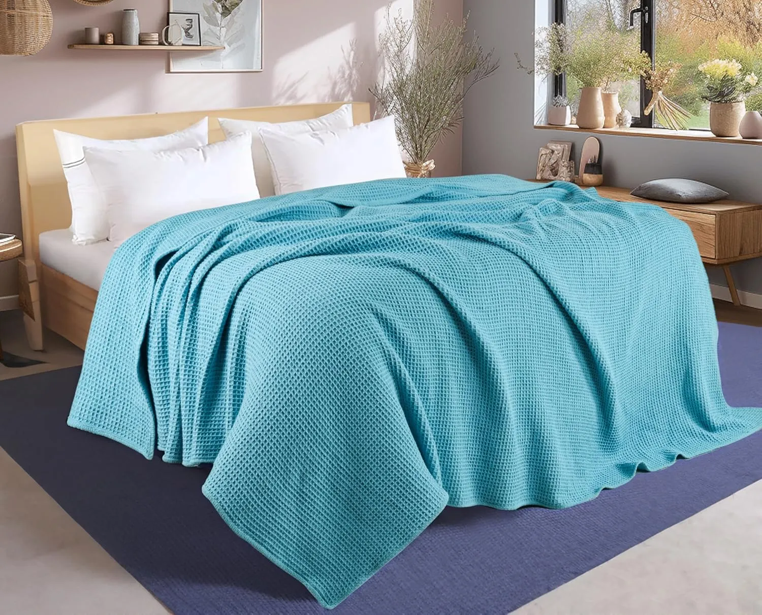 Tex Trend 100% Cotton Blankets – Soft and Breathable Twin XL Waffle Blanket – All Season Comfort – Suitable for Bed Layering, Sofa, Couch and Chair - Blue (60”x90”)