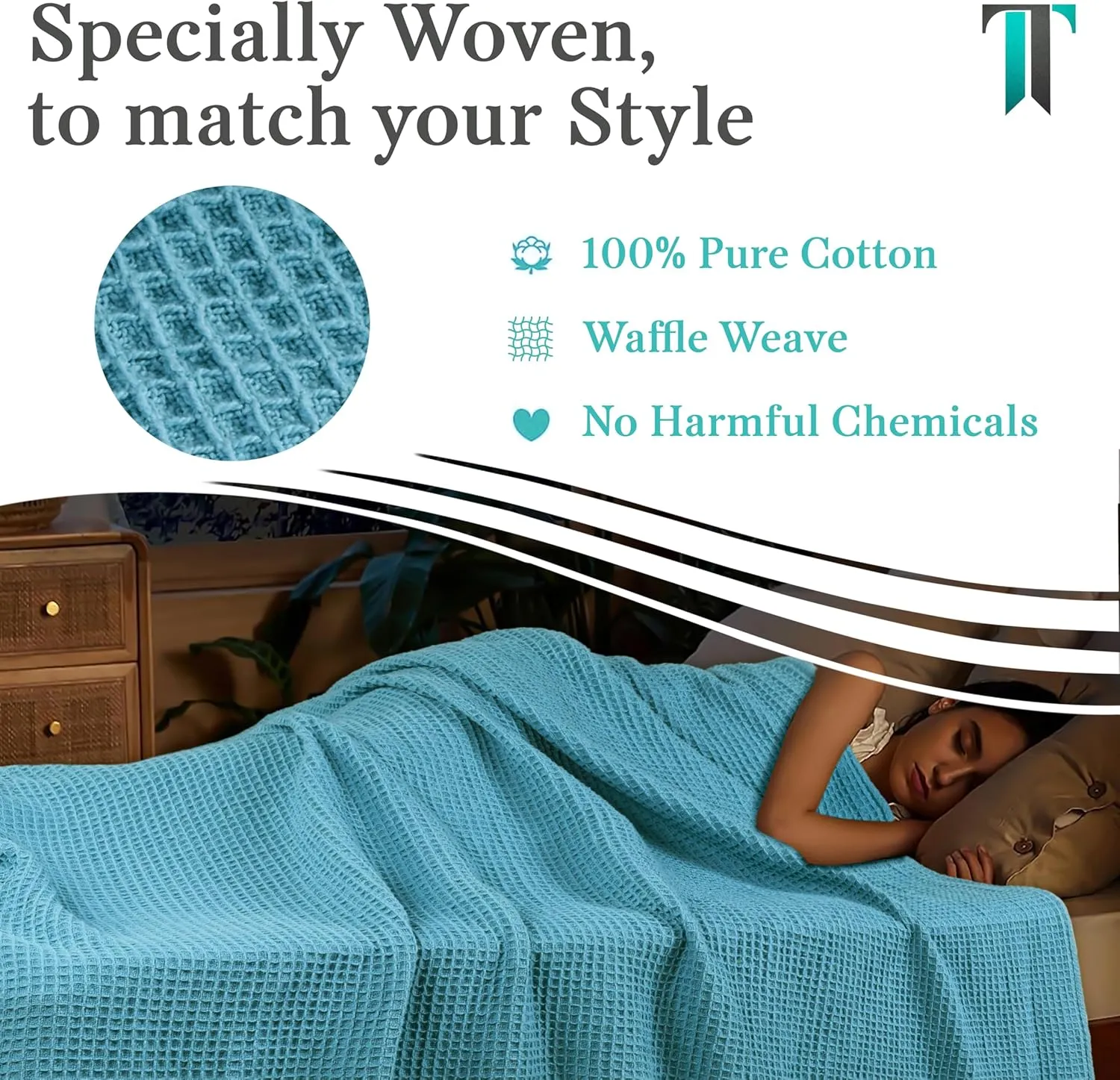 Tex Trend 100% Cotton Blankets – Soft and Breathable Twin XL Waffle Blanket – All Season Comfort – Suitable for Bed Layering, Sofa, Couch and Chair - Blue (60”x90”)