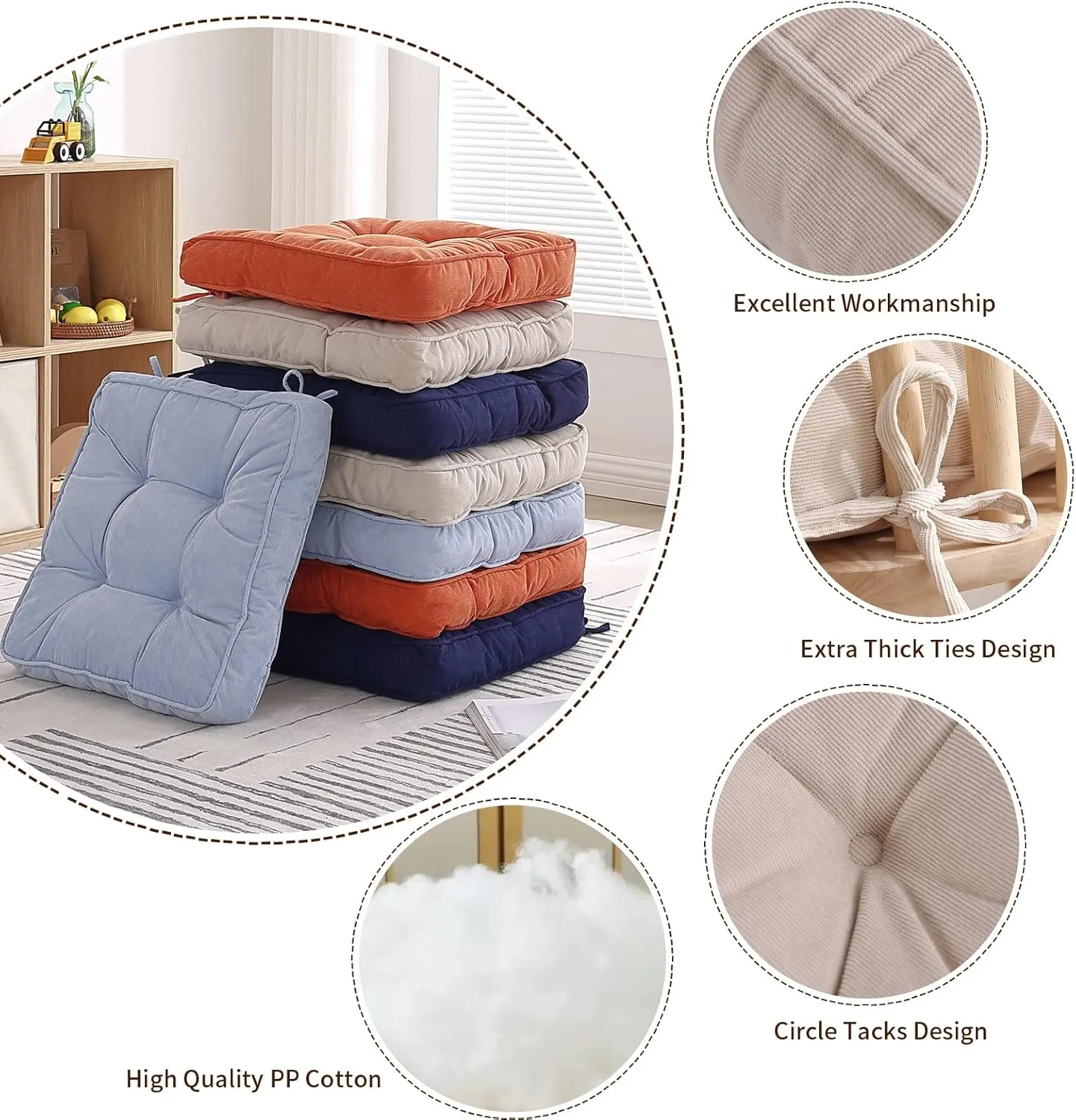 Tiita Patio Chair Pads Cushions 18x18 Inch Square Floor Pillows Pad for Outdoor Kitchen Dining Chairs with Ties Set of 4 (Beige)