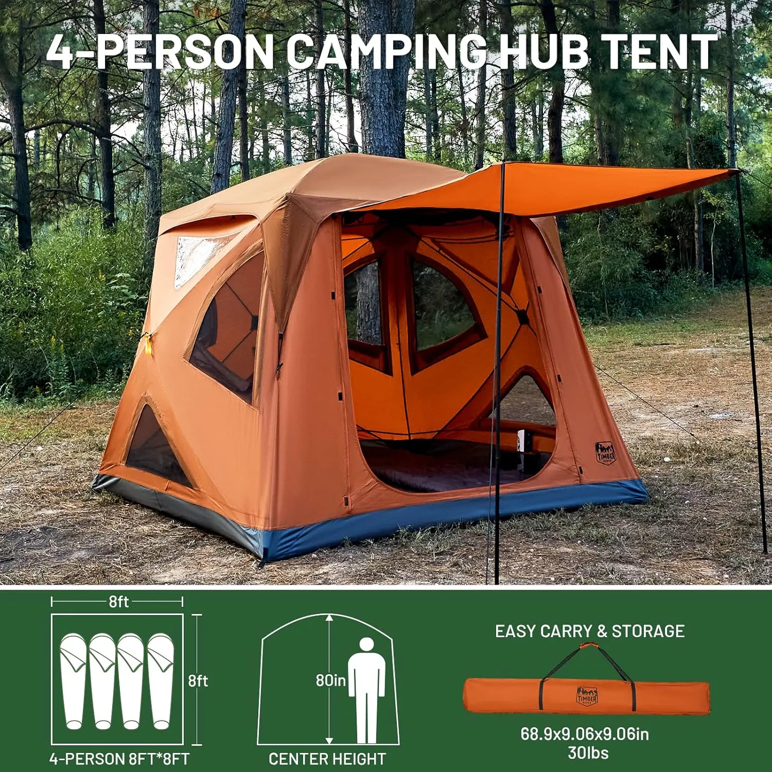 TIMBER RIDGE 4 Person Instant Pop Up Hub Tent, Easy 60 Second Setup, Weather Resistant Camping Family Cabin Tent with Rain Fly and Carry Bag for Camping Hiking Outdoor Travel