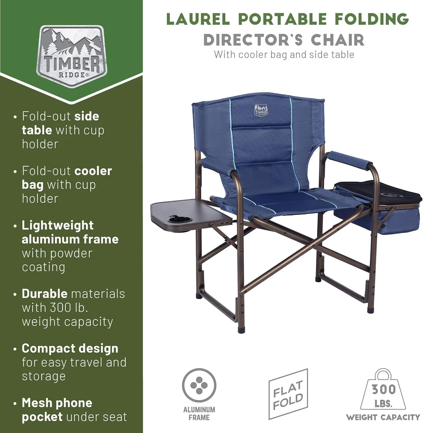 TIMBER RIDGE Folding Camping Chair with Cooler Bag, Director Chair Foldable with Side Table for Adults, Camp Chairs for Outdoor, Lawn, Sports, Fishing, Heavy Duty Supports 300lbs, Blue-2 Pack