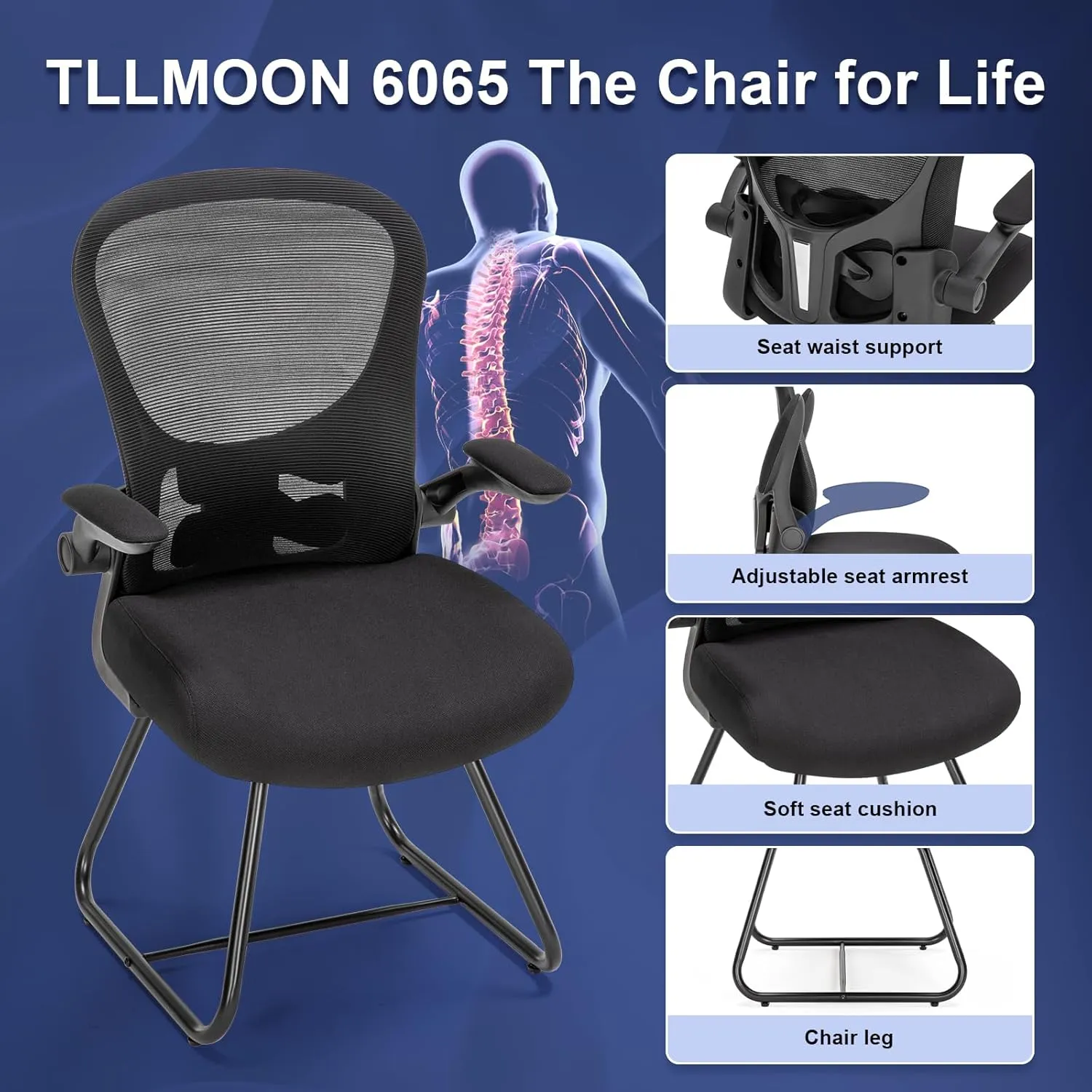 TLLMOON-6065 Fixed Support Seat Comfortable and Convenient Ergonomic Office Mesh Chair Adjustable Office Chair Suitable for Gaming, Studying, Resting, Office Work（Black）