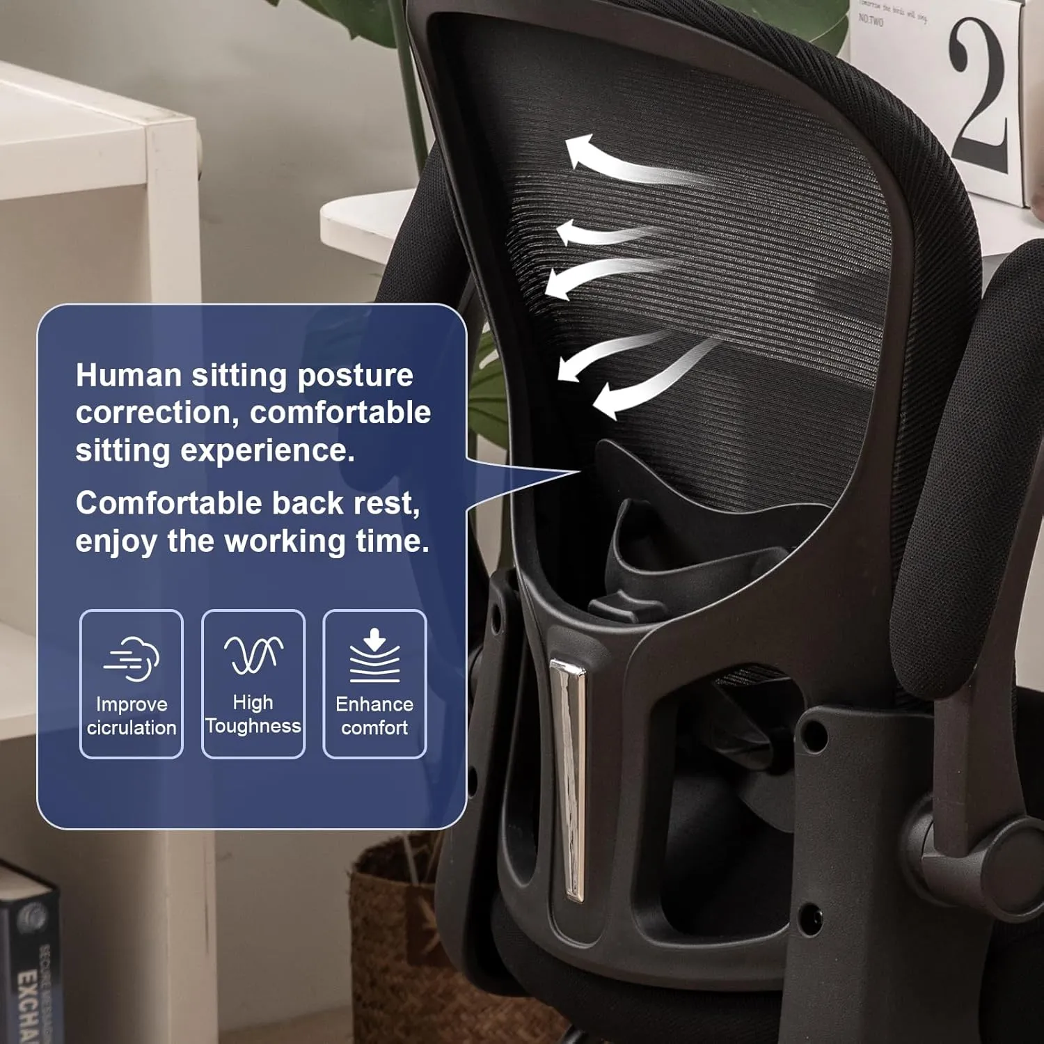TLLMOON-6065 Fixed Support Seat Comfortable and Convenient Ergonomic Office Mesh Chair Adjustable Office Chair Suitable for Gaming, Studying, Resting, Office Work（Black）
