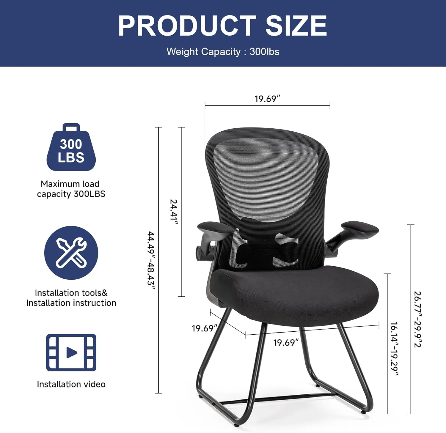TLLMOON-6065 Fixed Support Seat Comfortable and Convenient Ergonomic Office Mesh Chair Adjustable Office Chair Suitable for Gaming, Studying, Resting, Office Work（Black）