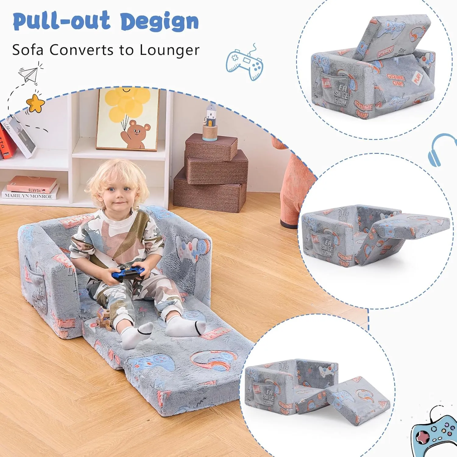 Toddler Couch,Toddler Chair,Kids Sofa Chair 2-in-1 Baby Seat Furniture Fold Out, Convertible Sofa to Lounger Comfy Glow in The Dark Sofa Bed,Gifts for Kids Girl Boys,Game