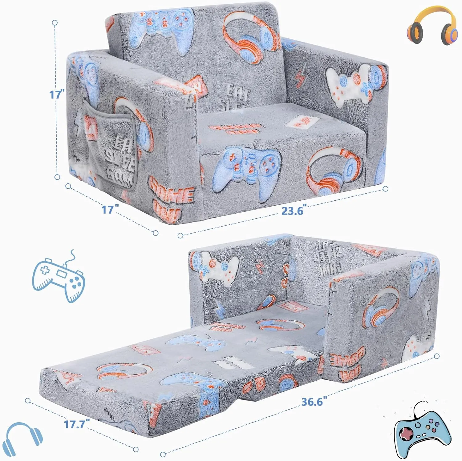 Toddler Couch,Toddler Chair,Kids Sofa Chair 2-in-1 Baby Seat Furniture Fold Out, Convertible Sofa to Lounger Comfy Glow in The Dark Sofa Bed,Gifts for Kids Girl Boys,Game