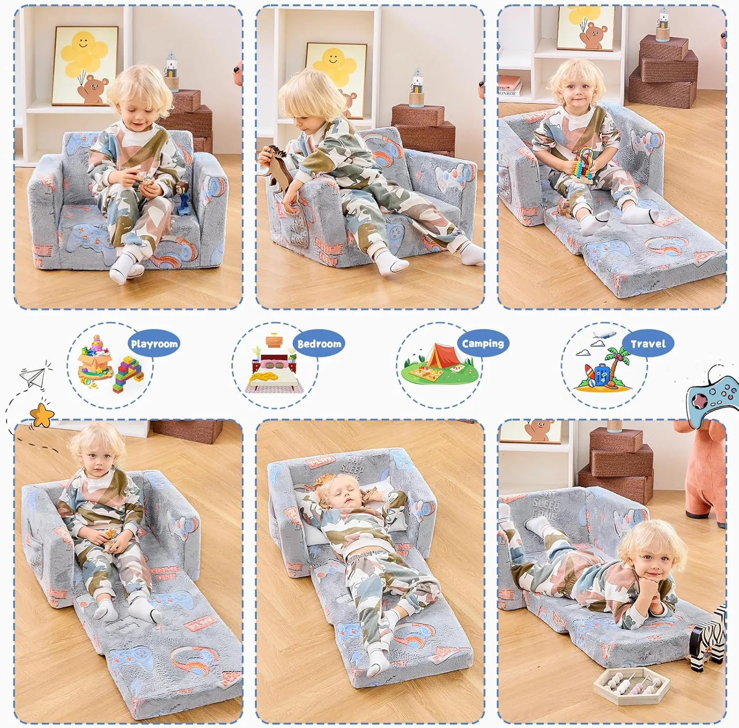 Toddler Couch,Toddler Chair,Kids Sofa Chair 2-in-1 Baby Seat Furniture Fold Out, Convertible Sofa to Lounger Comfy Glow in The Dark Sofa Bed,Gifts for Kids Girl Boys,Game