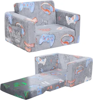 Toddler Couch,Toddler Chair,Kids Sofa Chair 2-in-1 Baby Seat Furniture Fold Out, Convertible Sofa to Lounger Comfy Glow in The Dark Sofa Bed,Gifts for Kids Girl Boys,Game