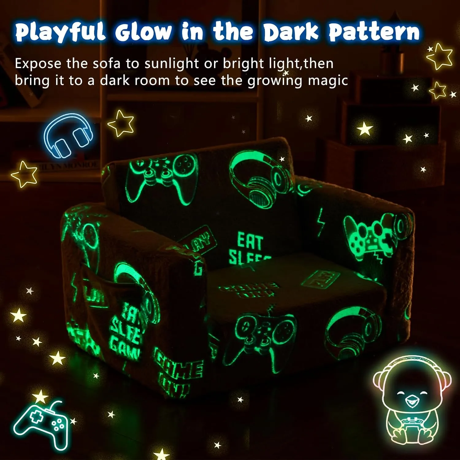 Toddler Couch,Toddler Chair,Kids Sofa Chair 2-in-1 Baby Seat Furniture Fold Out, Convertible Sofa to Lounger Comfy Glow in The Dark Sofa Bed,Gifts for Kids Girl Boys,Game