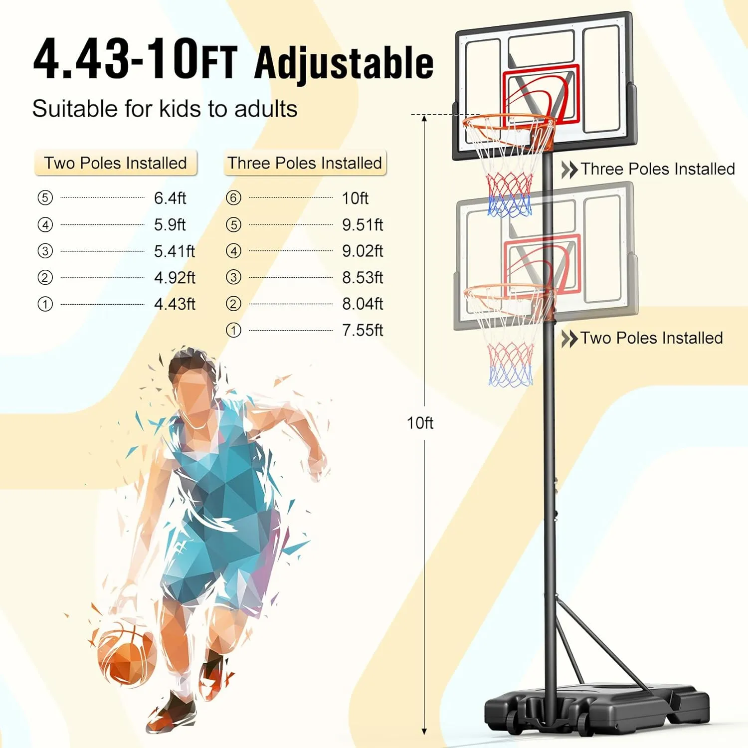 TONBUX Adjustable Basketball Hoop Outdoor 10FT, Basketball Portable Hoops & Goals, 44 Inch Backboard, for Kids, Youth, and Adults in The Backyard, Driveway