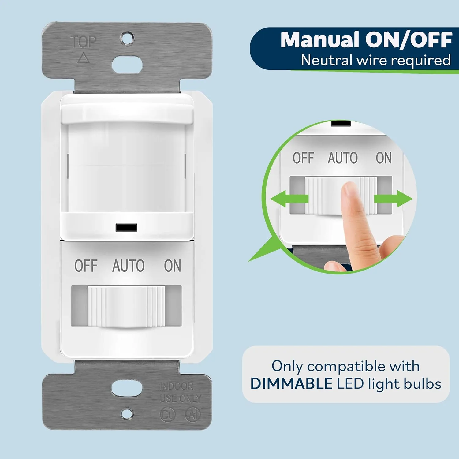 TOPGREENER in-Wall PIR Motion Sensor Light Switch, Single Pole Occupancy Sensor Switch, Motion Sensor Switch, 𝐍𝐞𝐞𝐝 𝐍𝐞𝐮𝐭𝐫𝐚𝐥 𝐖𝐢𝐫𝐞, On/Off Override, 4A, 500W, TSOS5-W, White, 2 Pack