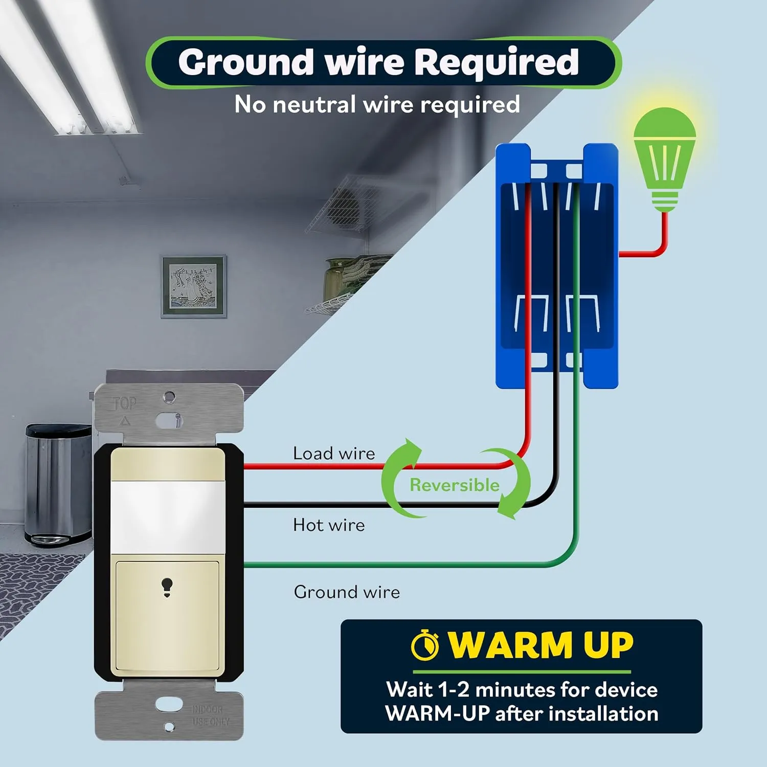 TOPGREENER PIR Motion Sensor Switch, Ambient Light Level Detector, No Neutral Required, 150W LED/CFL, 1/6 HP, Occupancy Vacancy Modes, Ground Wire Required, Single Pole, TDOS5-JM, Ivory