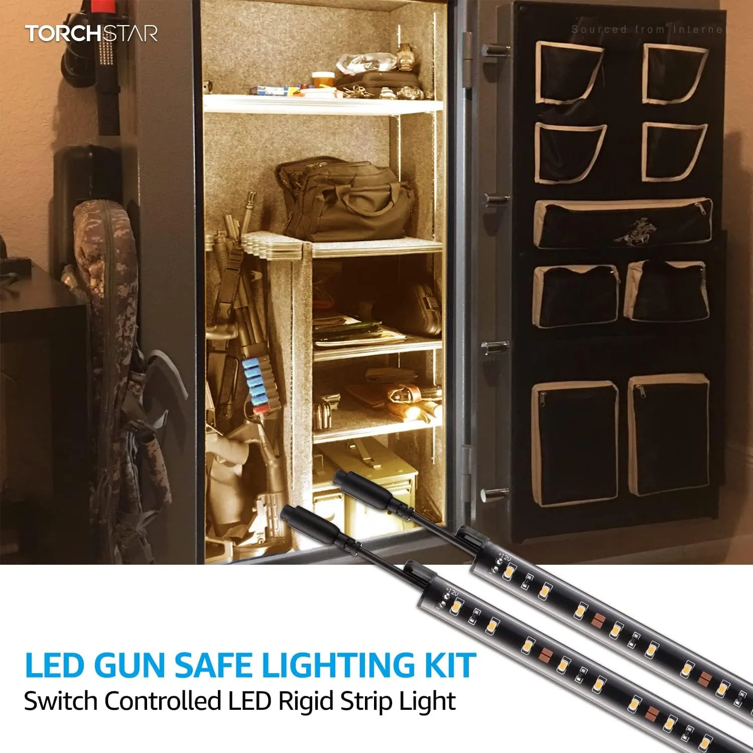 TORCHSTAR LED Safe Lighting Kit, (4) 12 Inch Linkable Light Bars   Rocker Switch   UL Power Adapter, 600LM, Input 100-240V, for Under Cabinet Gun Safe Locker Closet Showcase, 3000K Warm White