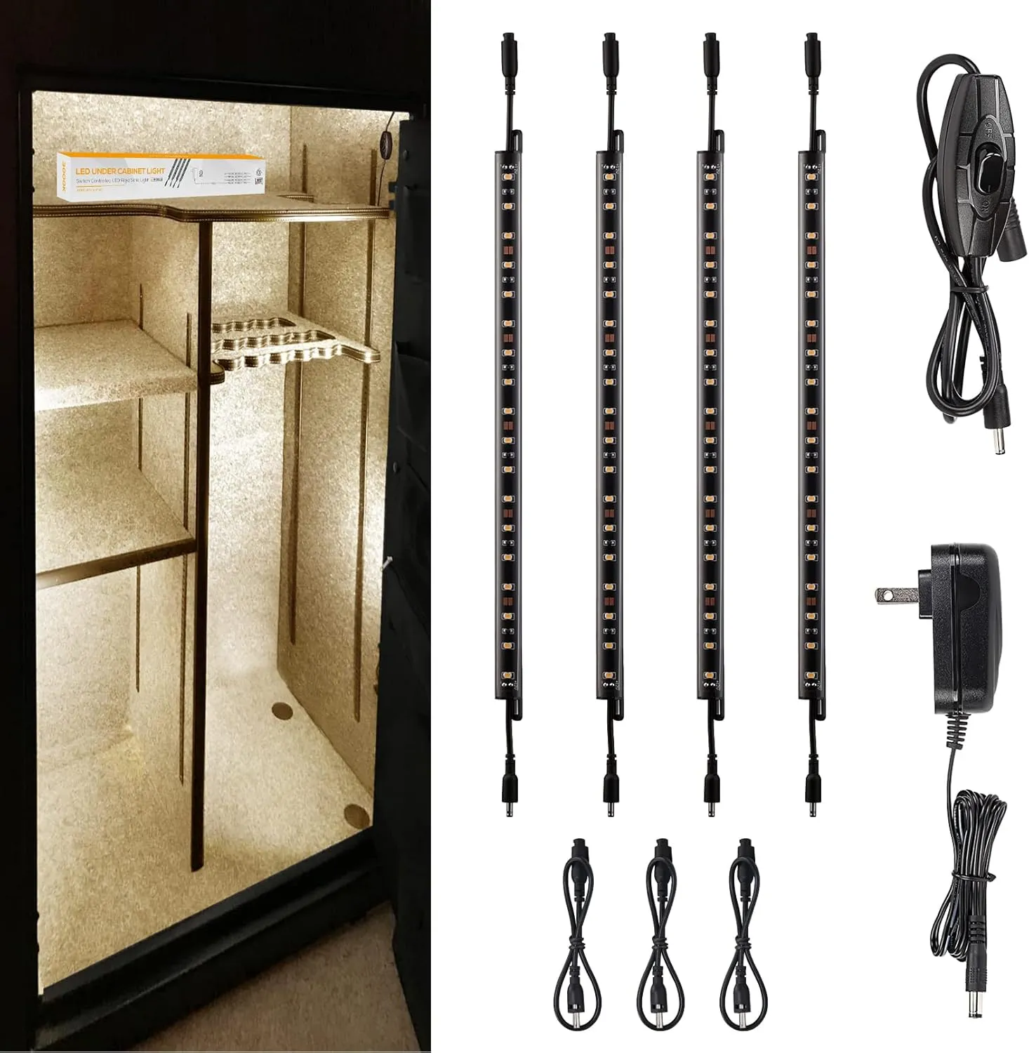 TORCHSTAR LED Safe Lighting Kit, (4) 12 Inch Linkable Light Bars   Rocker Switch   UL Power Adapter, 600LM, Input 100-240V, for Under Cabinet Gun Safe Locker Closet Showcase, 3000K Warm White