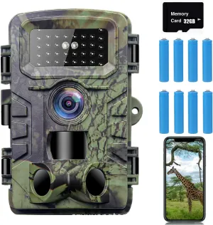 Trail Camera, 52MP 2.7K Game Camera with Low Glow Night Vision, 0.1s Trigger Speed 120° Wide-Angle Motion Activated IP66 Waterproo with 32GB SD Card