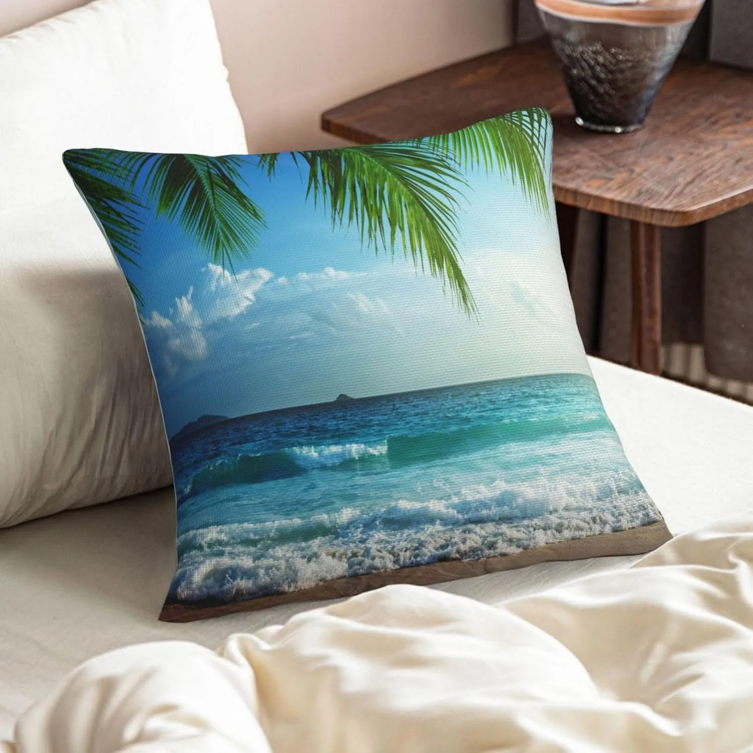 Tropical Beach Throw Pillow Covers 18x18 Set of 2 Palm Tree Leaves Decorative Pillow Covers Ocean Sea Waves Outdoors Pillowcase Cushion Case Farmhouse Home Decor for Sofa Couch Bed Bedroom