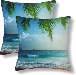 Tropical Beach Throw Pillow Covers 18x18 Set of 2 Palm Tree Leaves Decorative Pillow Covers Ocean Sea Waves Outdoors Pillowcase Cushion Case Farmhouse Home Decor for Sofa Couch Bed Bedroom