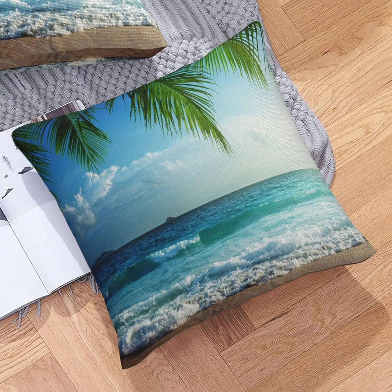 Tropical Beach Throw Pillow Covers 18x18 Set of 2 Palm Tree Leaves Decorative Pillow Covers Ocean Sea Waves Outdoors Pillowcase Cushion Case Farmhouse Home Decor for Sofa Couch Bed Bedroom