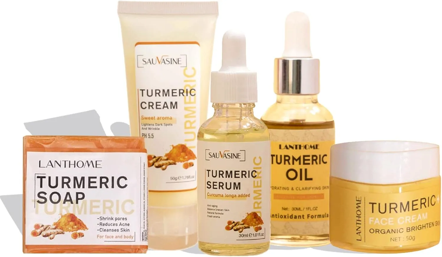 Turmeric Skincare Kit - 5PCS Moisturizing Set with Cream, Oil, Serum, Face Cream & Beauty Soap for Brightening Face